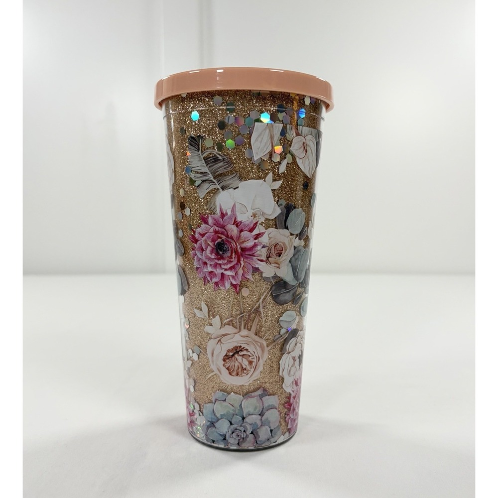 Floral Gold‎ Glitter Tumbler 24 Oz Insulated Travel Cup Pink Peony Succulent